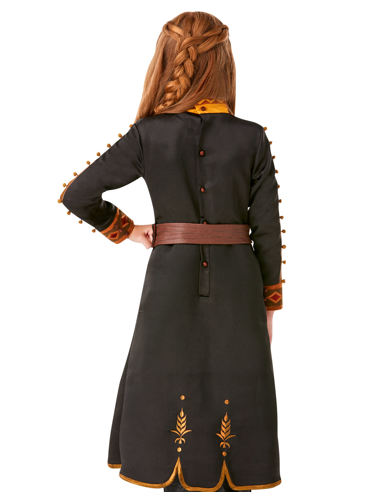 Back view of the Anna travel dress showing the black skirt with gold embroidery and brown belt
