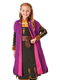 Girl in Frozen 2 Anna travel outfit with black embroidered dress and purple cloak with pink lining