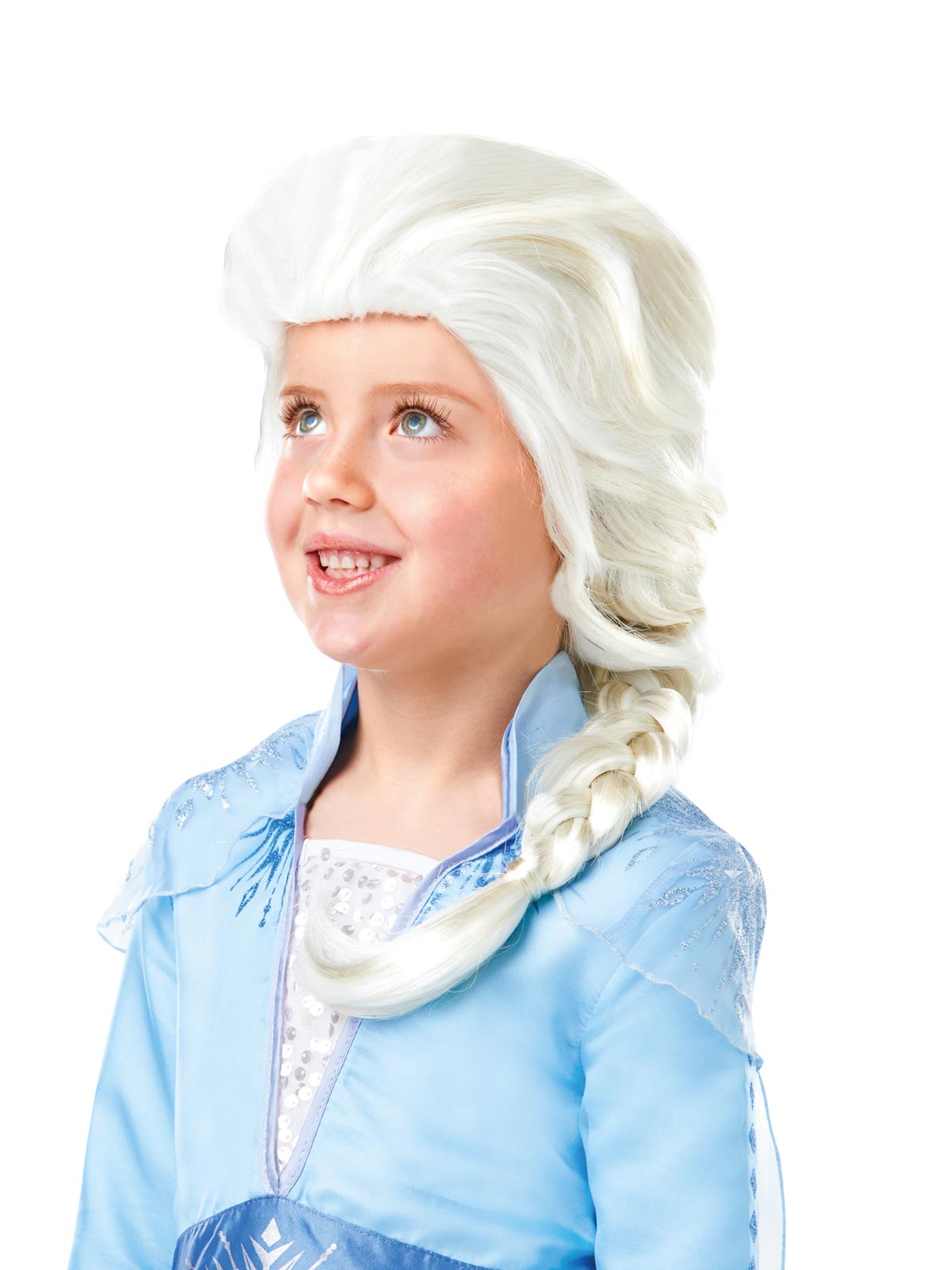 Girl wearing the white-blonde Elsa Frozen 2 wig with a side braid