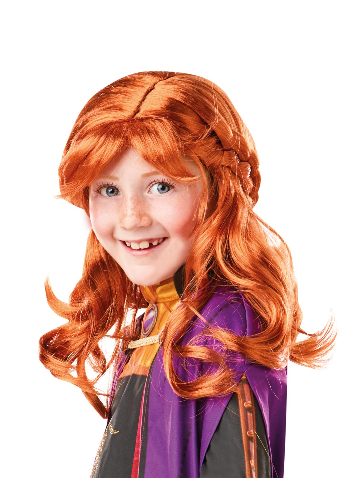 Girl wearing an auburn Anna wig from Frozen 2 with a plaited crown and long wavy hair