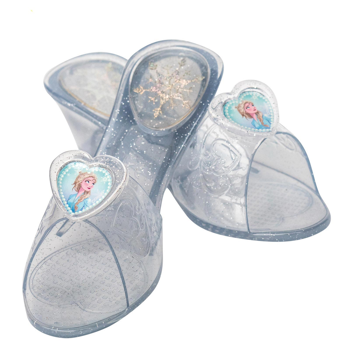 Pair of clear silver glitter Elsa jelly shoes for kids with heart pendants