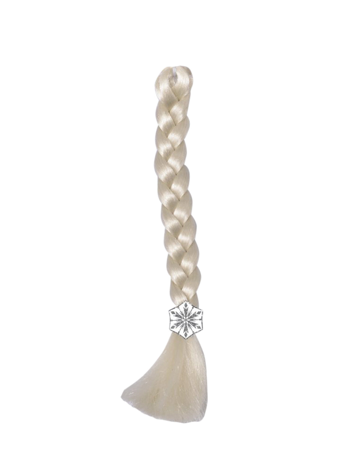 White-blonde Elsa plait with a snowflake hair tie