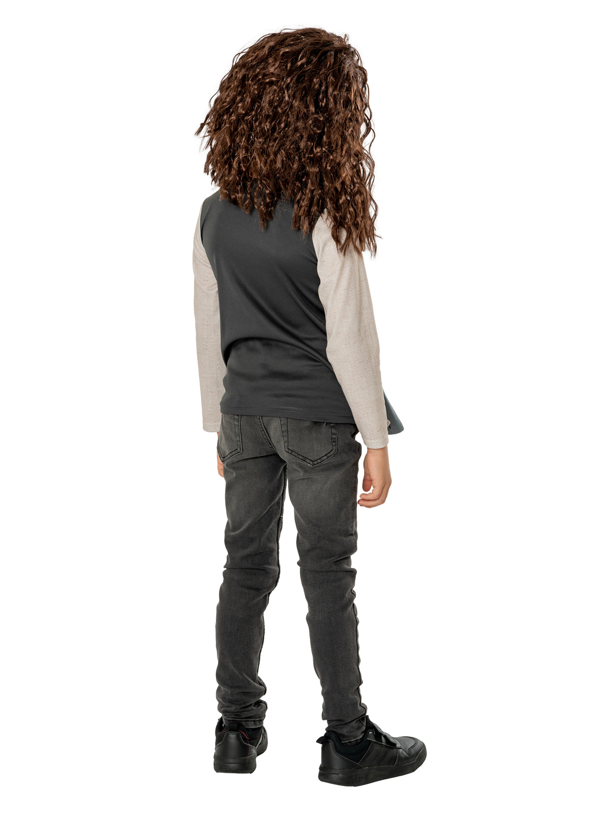 Back view of the Hagrid costume with the long curly brown wig and grey mock waistcoat