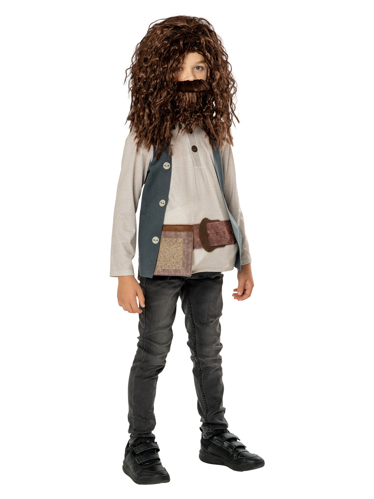 Side angle of the Hagrid tunic with attached waistcoat, belt and purse, plus wig and beard