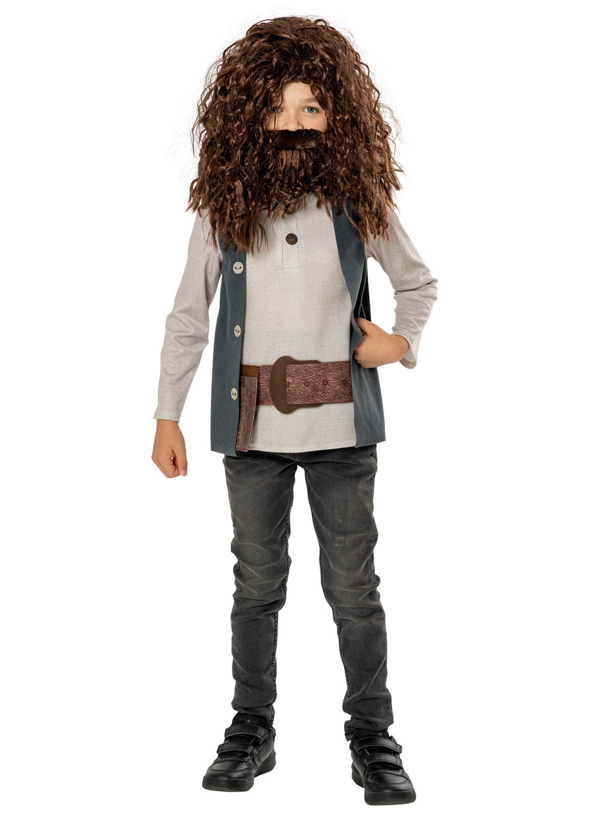 Child dressed as Hagrid in a curly wig and beard set, mock waistcoat tunic and faux leather belt with purse