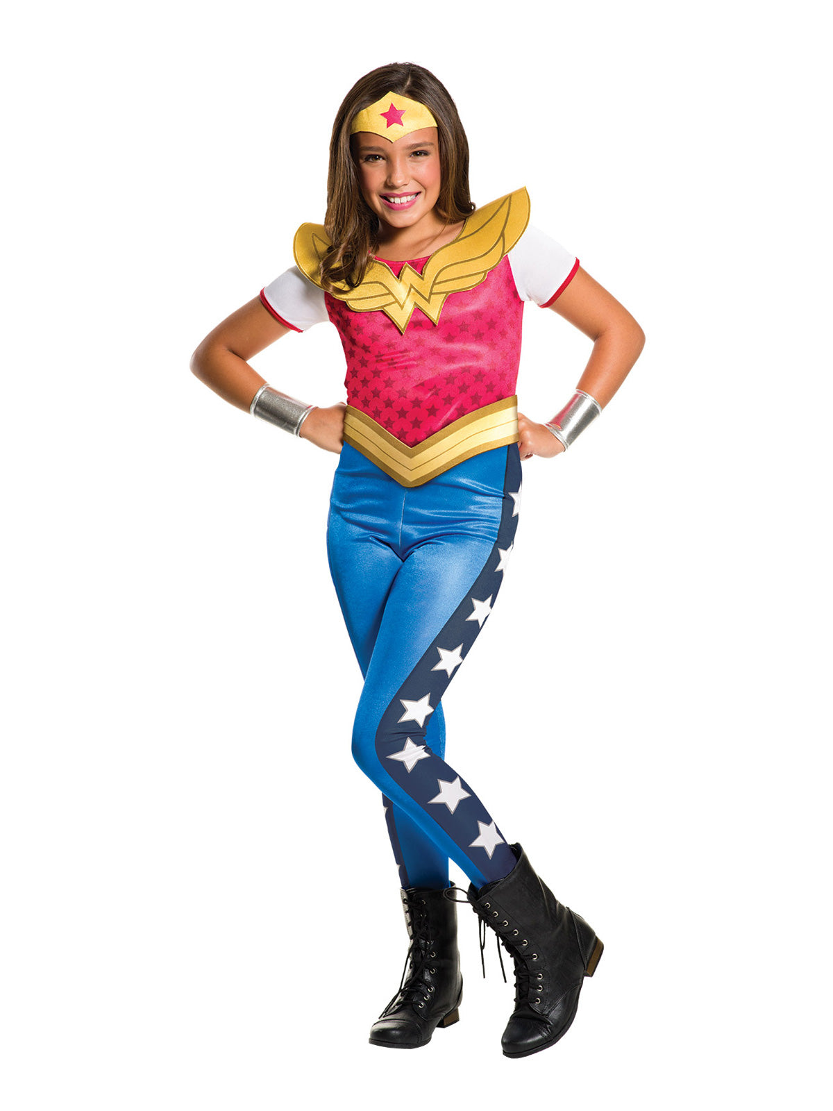 Girl wearing a DC Super Hero Girls Wonder Woman jumpsuit with star bodice, logo collar, star-stripe pants and belt