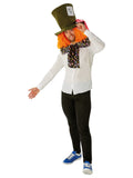 Man wearing the Mad Hatter hat with attached curly orange wig and oversized bow tie