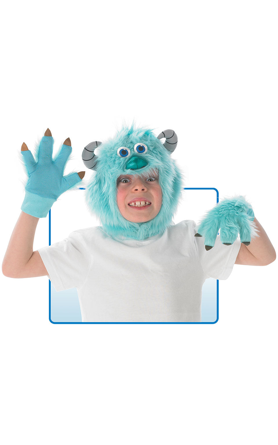Child wearing the blue furry Sully headpiece and matching gloves