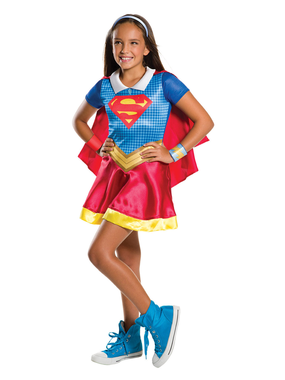 Girl wearing a DC Super Hero Girls Supergirl dress with printed S-logo bodice, Peter Pan collar and red satin cape