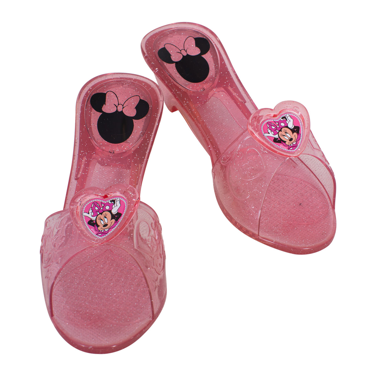 Pair of shimmery pink Minnie Mouse jelly shoes with Minnie pendants