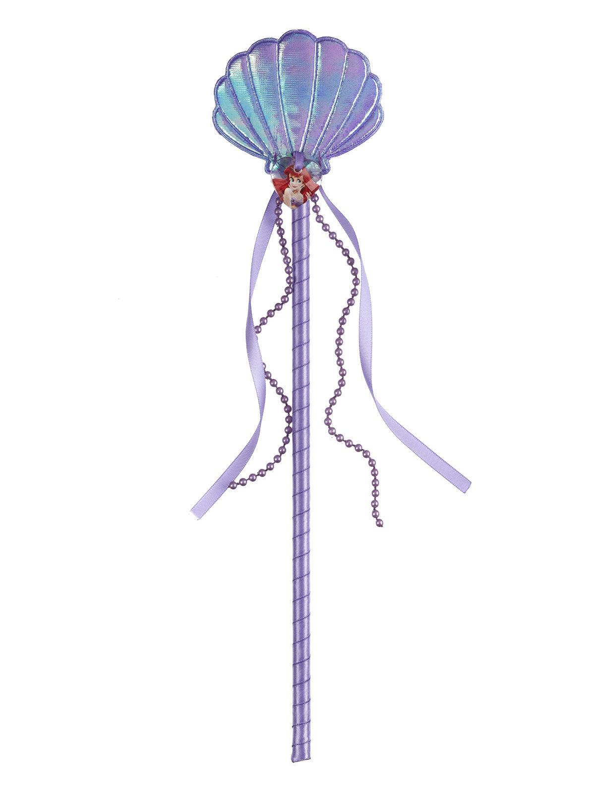 Ariel wand with a pearly purple clamshell top, lilac streamers and a dangling bubble chain