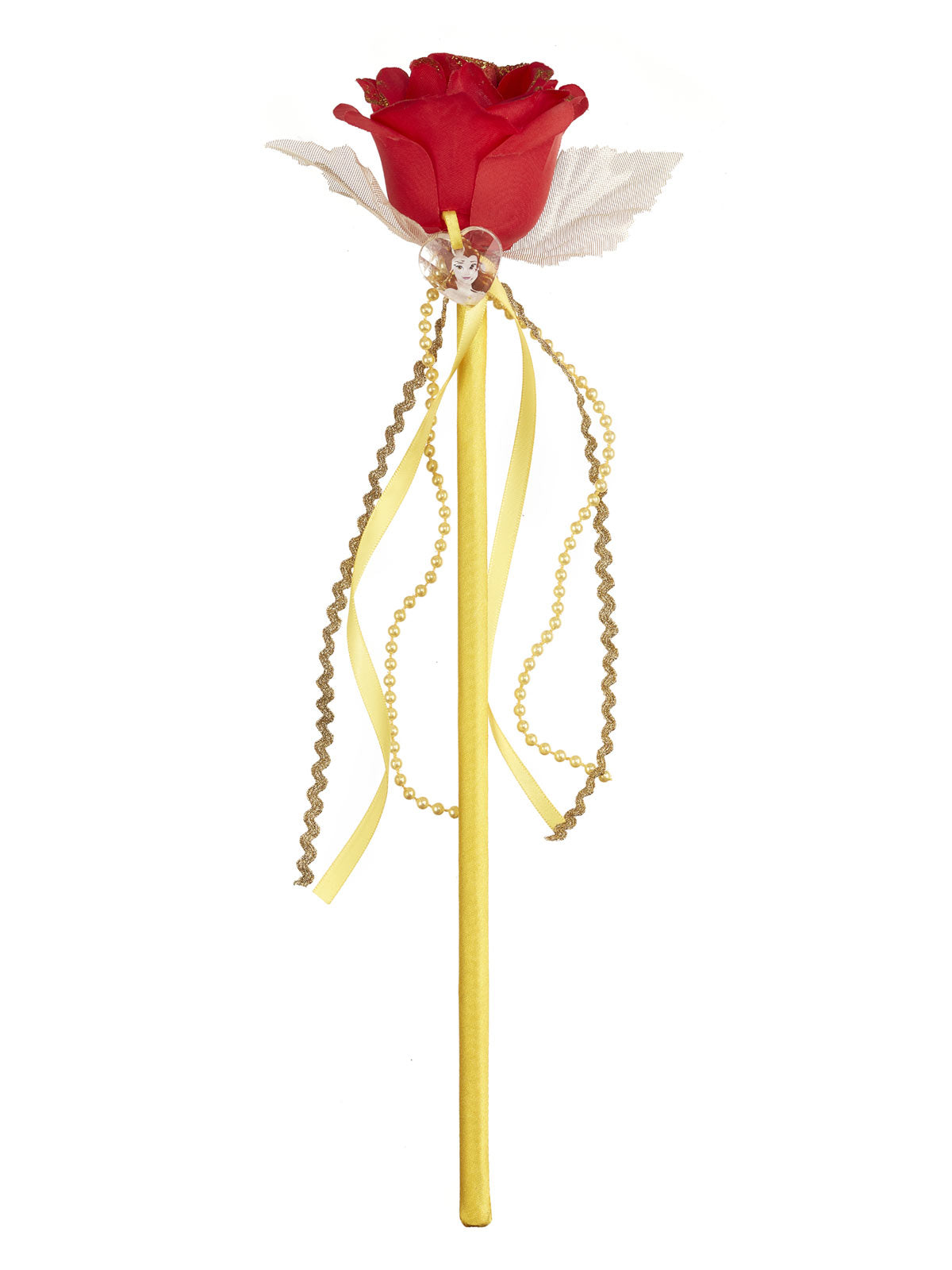 Belle wand with a red fabric rose top, gold streamers and a bubble chain