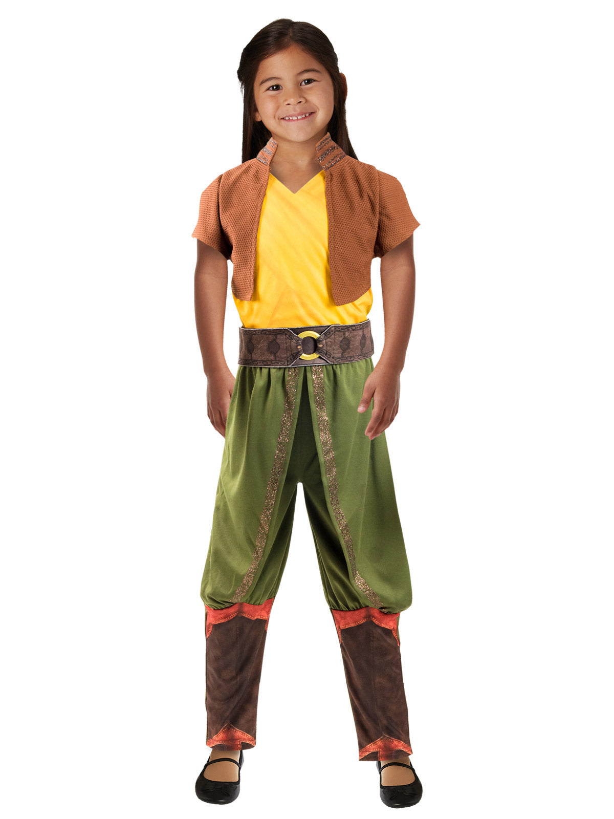 Girl in the Raya Deluxe costume with glitter-print bolero, cross-over top and attached belt