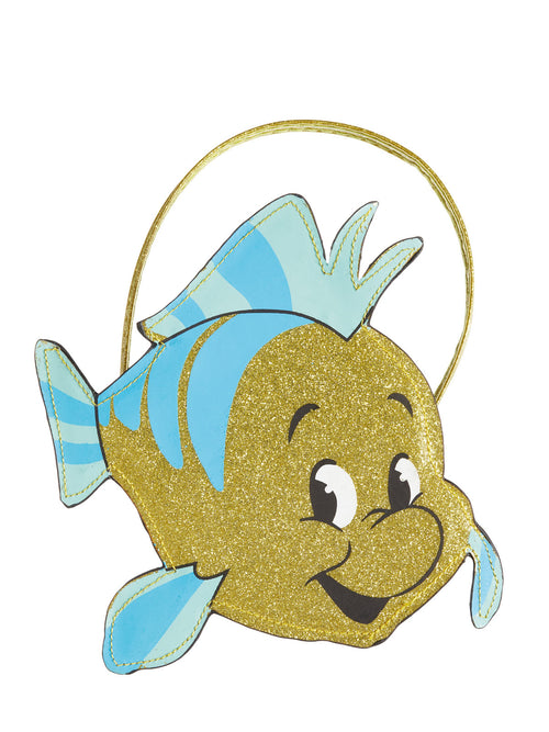 Flounder-shaped accessory bag with glittery yellow body, blue stripes and a gold strap