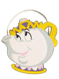 Glittery silver Mrs Potts teapot-shaped accessory bag with gold trim and strap