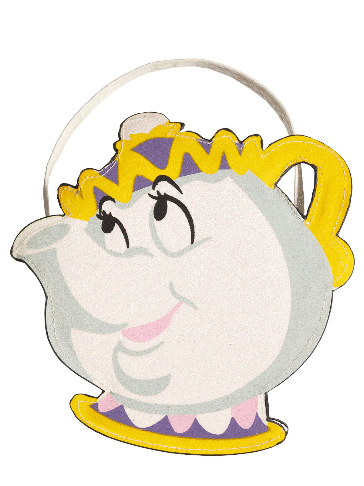 Glittery silver Mrs Potts teapot-shaped accessory bag with gold trim and strap