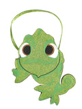 Glittery green Pascal chameleon-shaped accessory bag with green strap