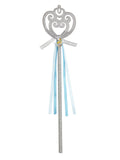 Cinderella wand with a silver scroll top and blue and white streamers