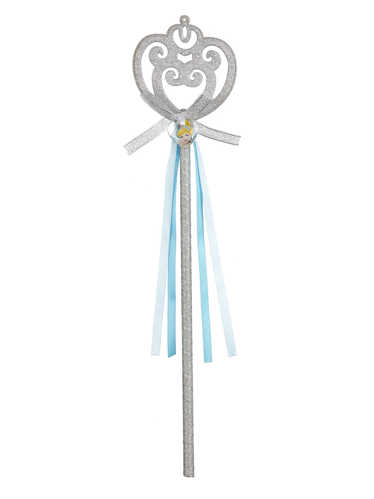 Cinderella wand with a silver scroll top and blue and white streamers