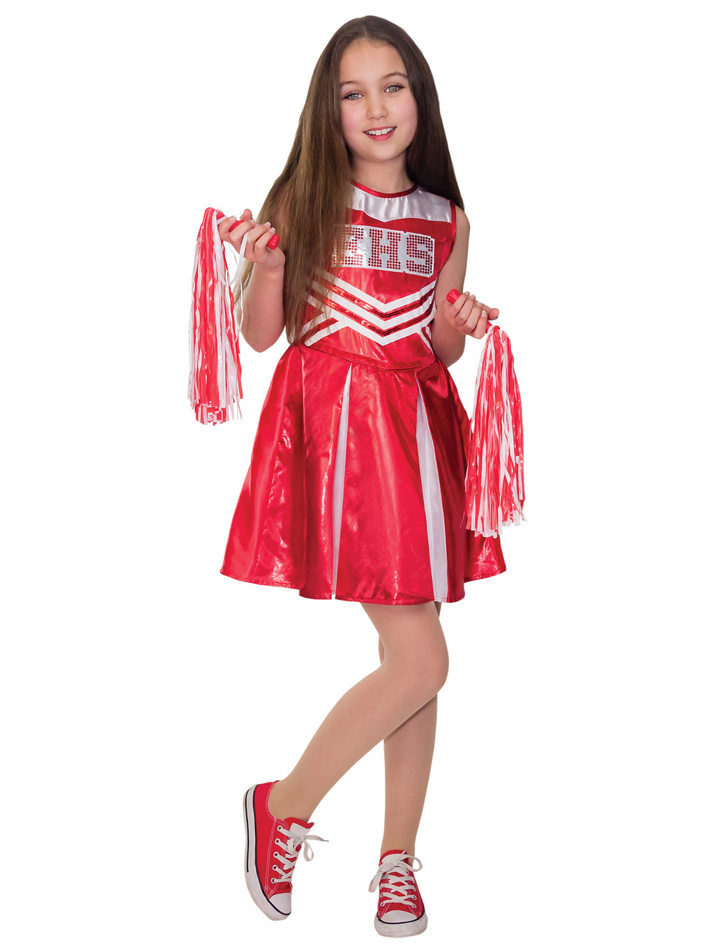 Girl wearing a red Wildcat cheerleader dress with sequin bodice, pleated skirt and red and white pom poms