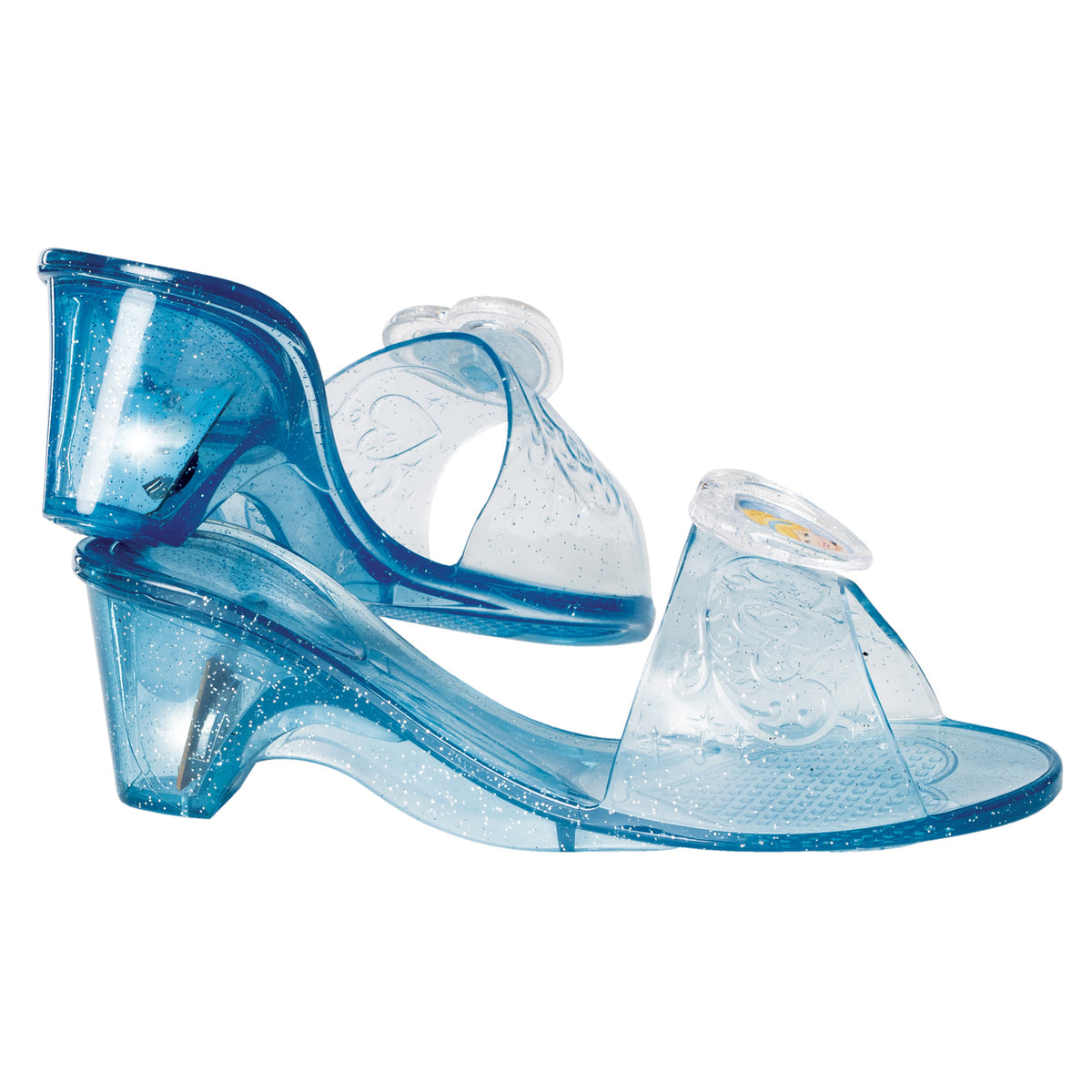 Blue glitter Cinderella light up jelly shoes for kids with a small heel