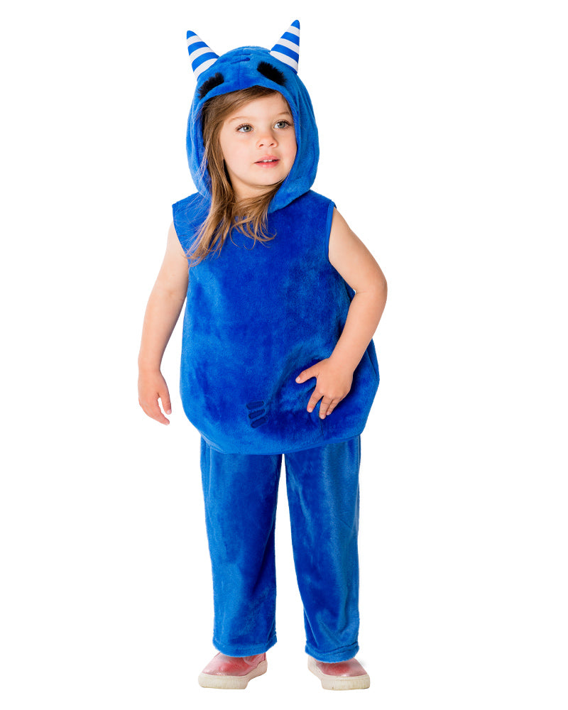 Toddler in the Oddbods Pogo blue faux fur hooded top and pants with two striped horns