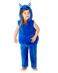 Toddler in the Oddbods Pogo blue faux fur hooded top and pants with two striped horns