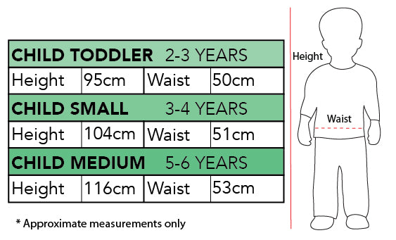 Size chart for the Oddbods Fuse Red Monster Costume, Child