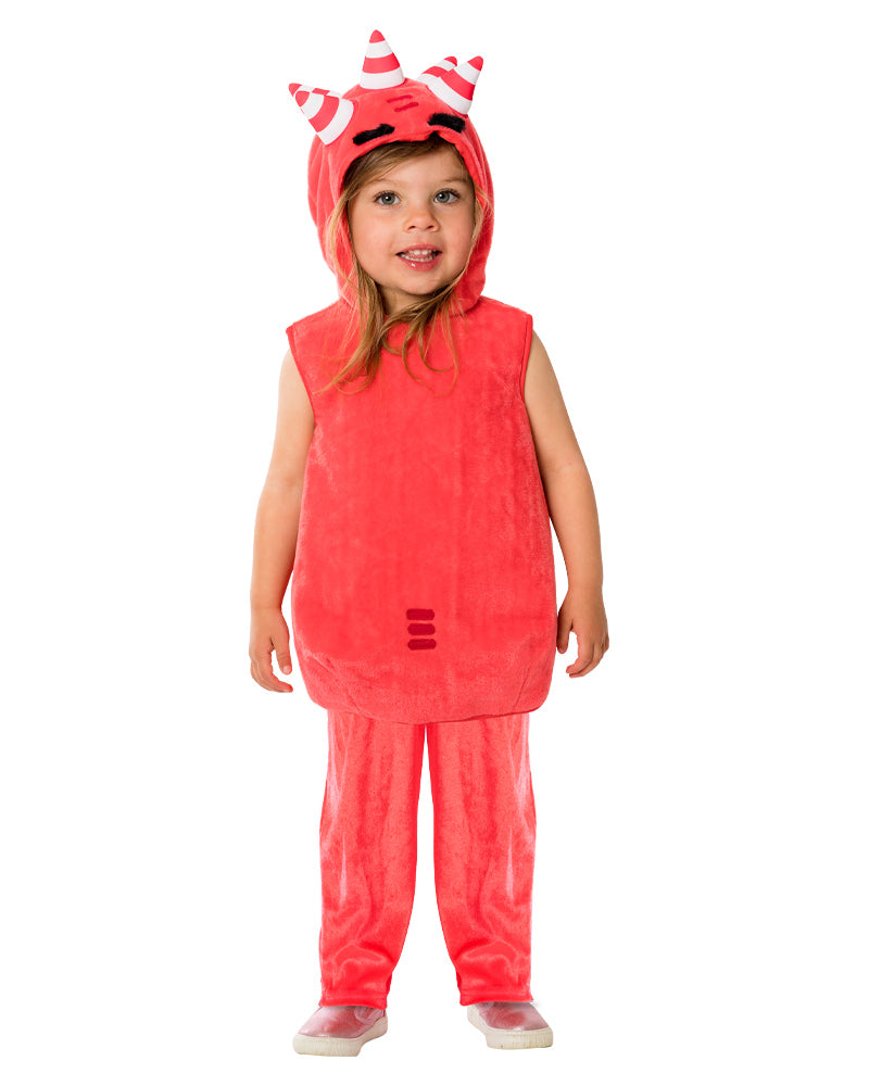 Toddler in the Oddbods Fuse red faux fur hooded top and pants with striped horns on the hood