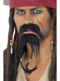 Man wearing a black pirate moustache and long plaited beard with beads