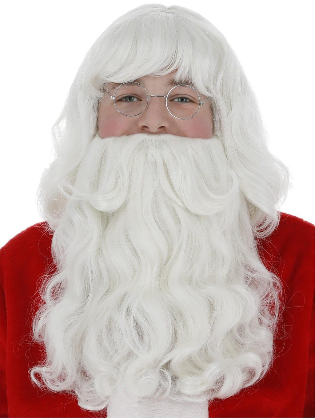 Man wearing a long curly white Santa wig and matching full beard
