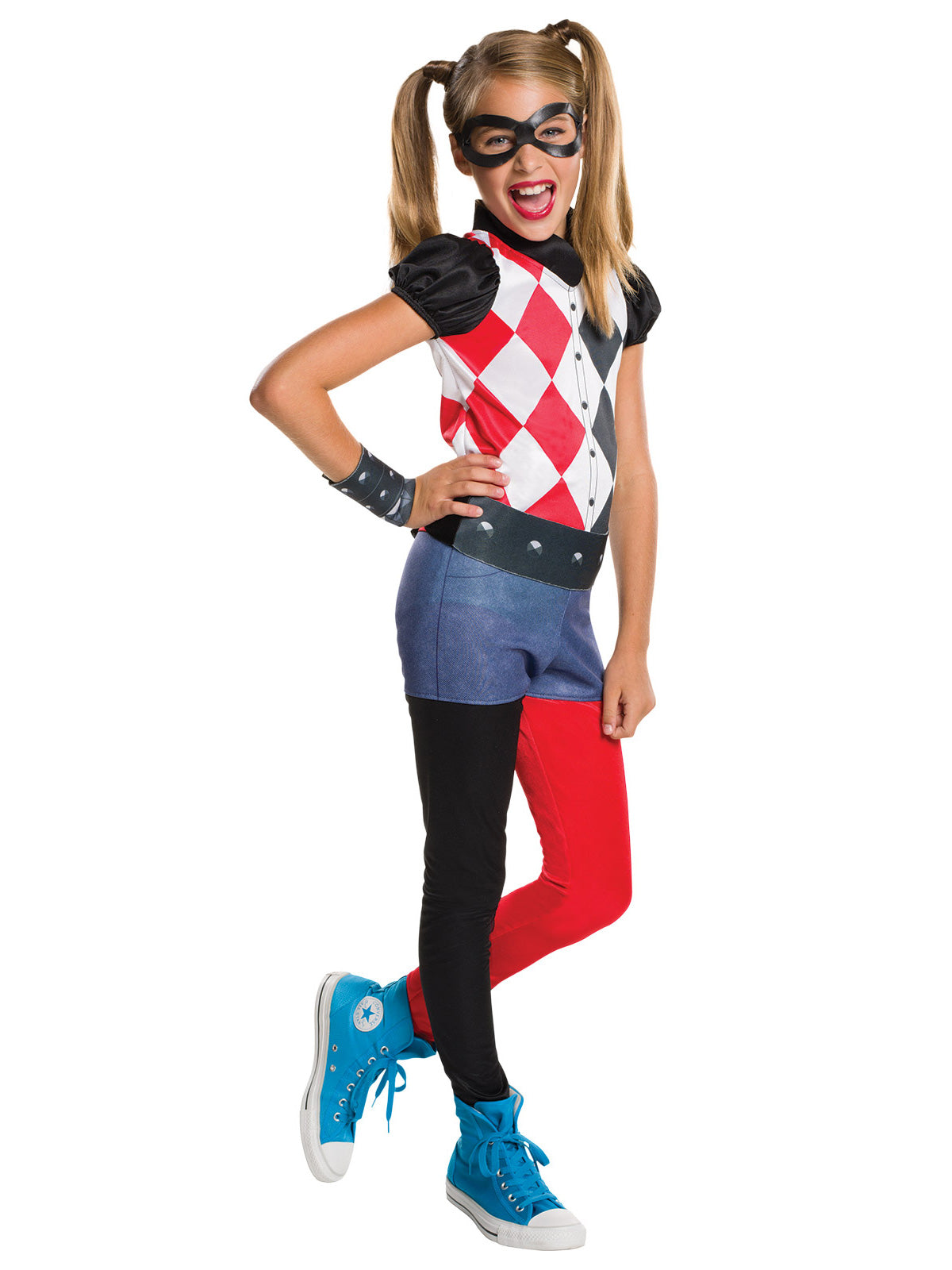 Girl in the DC Super Hero Girls Harley Quinn Classic jumpsuit with a diamond top, mock shorts and red and black legs