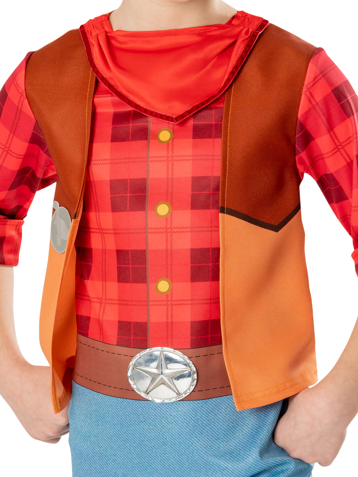Close-up of the Dino Ranch Jon costume's check shirt, vest, neckerchief and star belt buckle