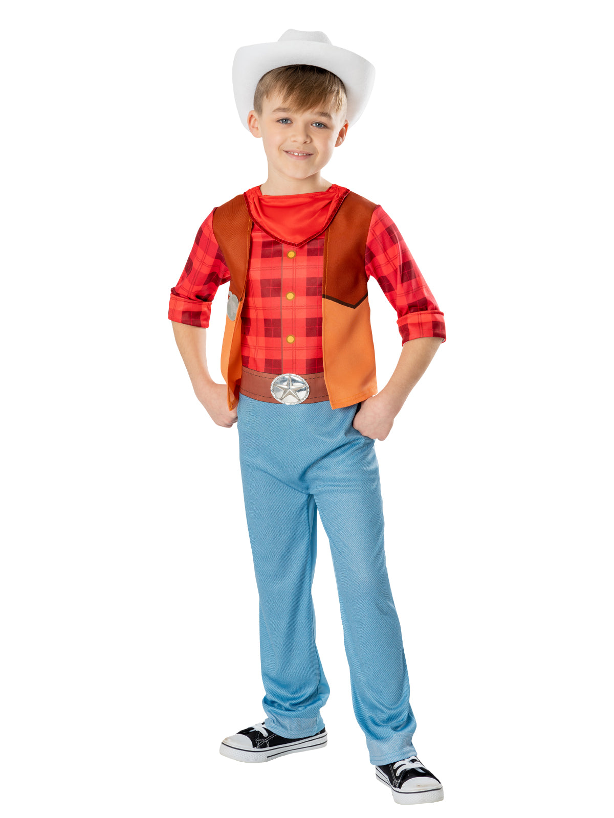 Boy in Dino Ranch Jon jumpsuit with red check shirt print, brown vest, jeans print and white cowboy hat