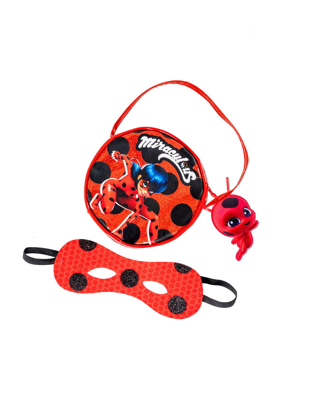 Red shimmery Ladybug bag with a Tikki figurine and a red spotted mask