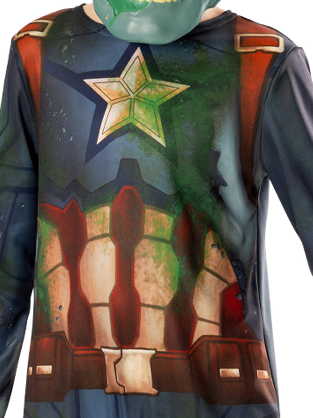 Close-up of the zombie Captain America jumpsuit's faded star chest with green slime print