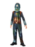 Boy in zombie Captain America jumpsuit with torn slime print and green zombie half mask