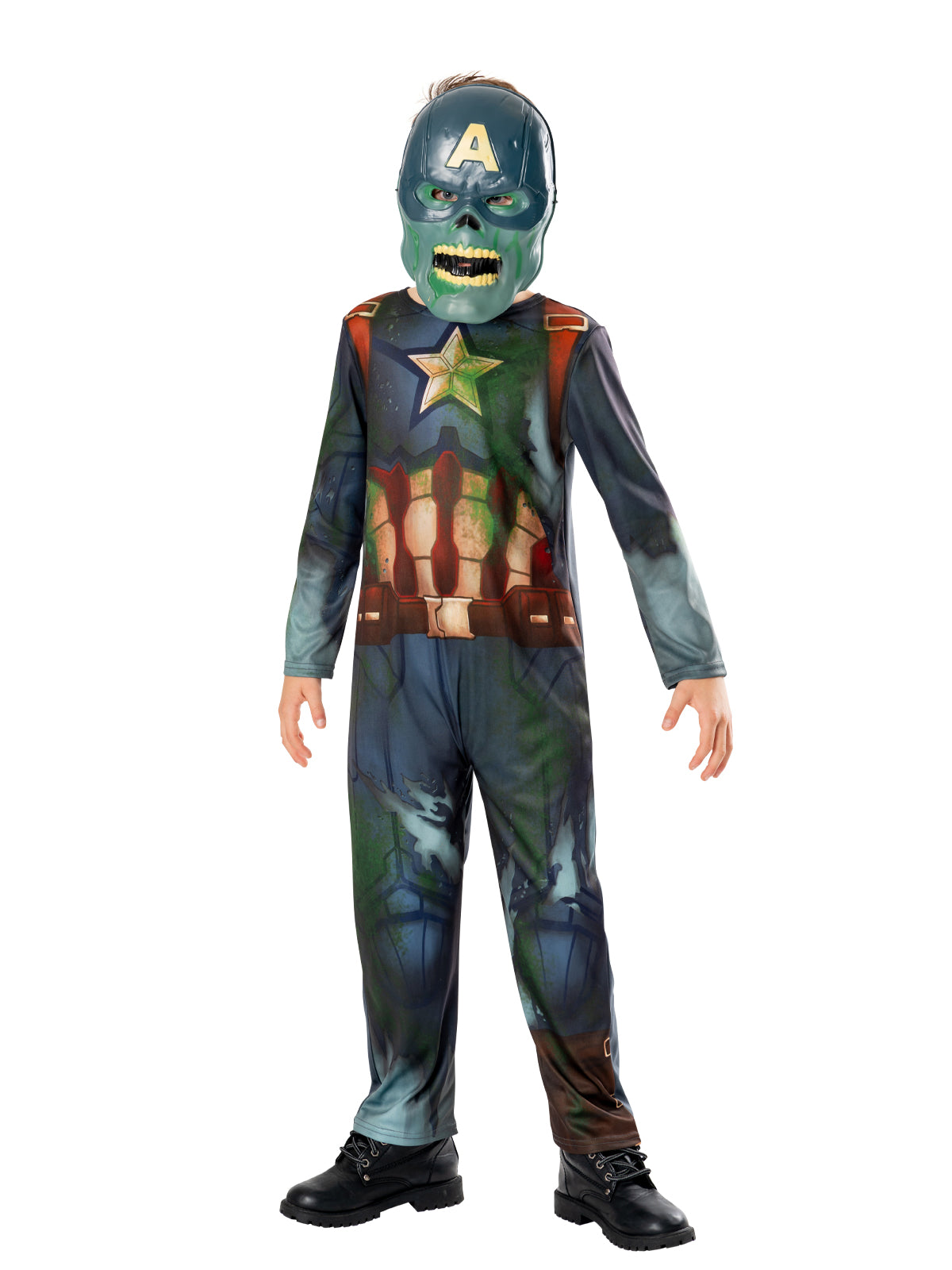 Boy in zombie Captain America jumpsuit with torn slime print and green zombie half mask