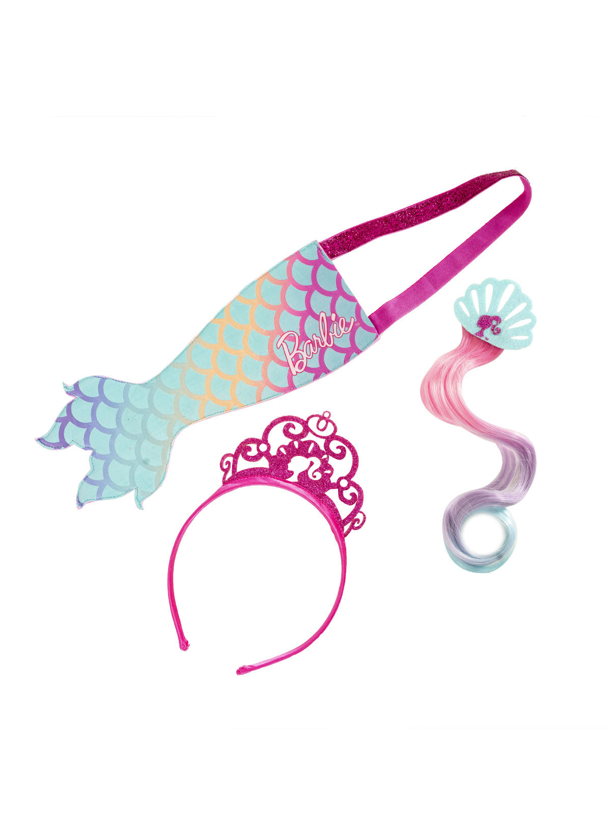 Barbie mermaid set: rainbow-scale tail holder on pink strap, ombre hair clip and pink logo headband
