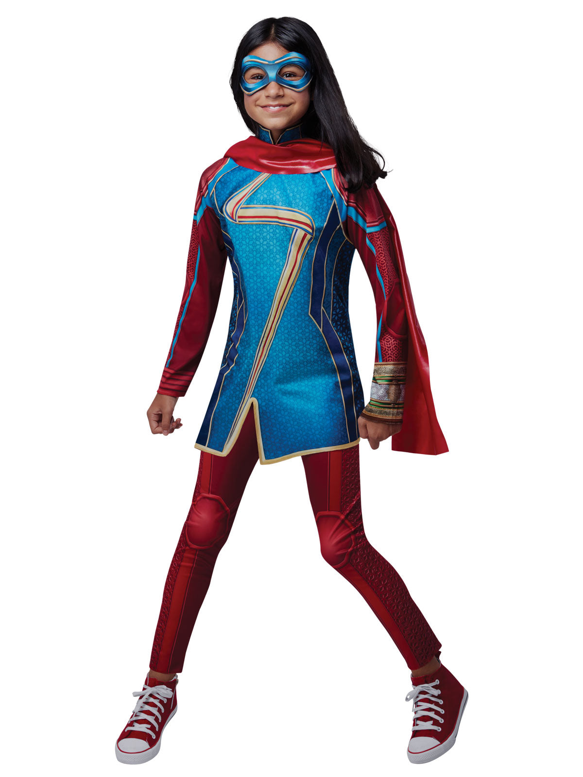 Girl in the Marvel Ms Marvel Classic costume with a blue and red printed top, red pants, scarf and eye mask