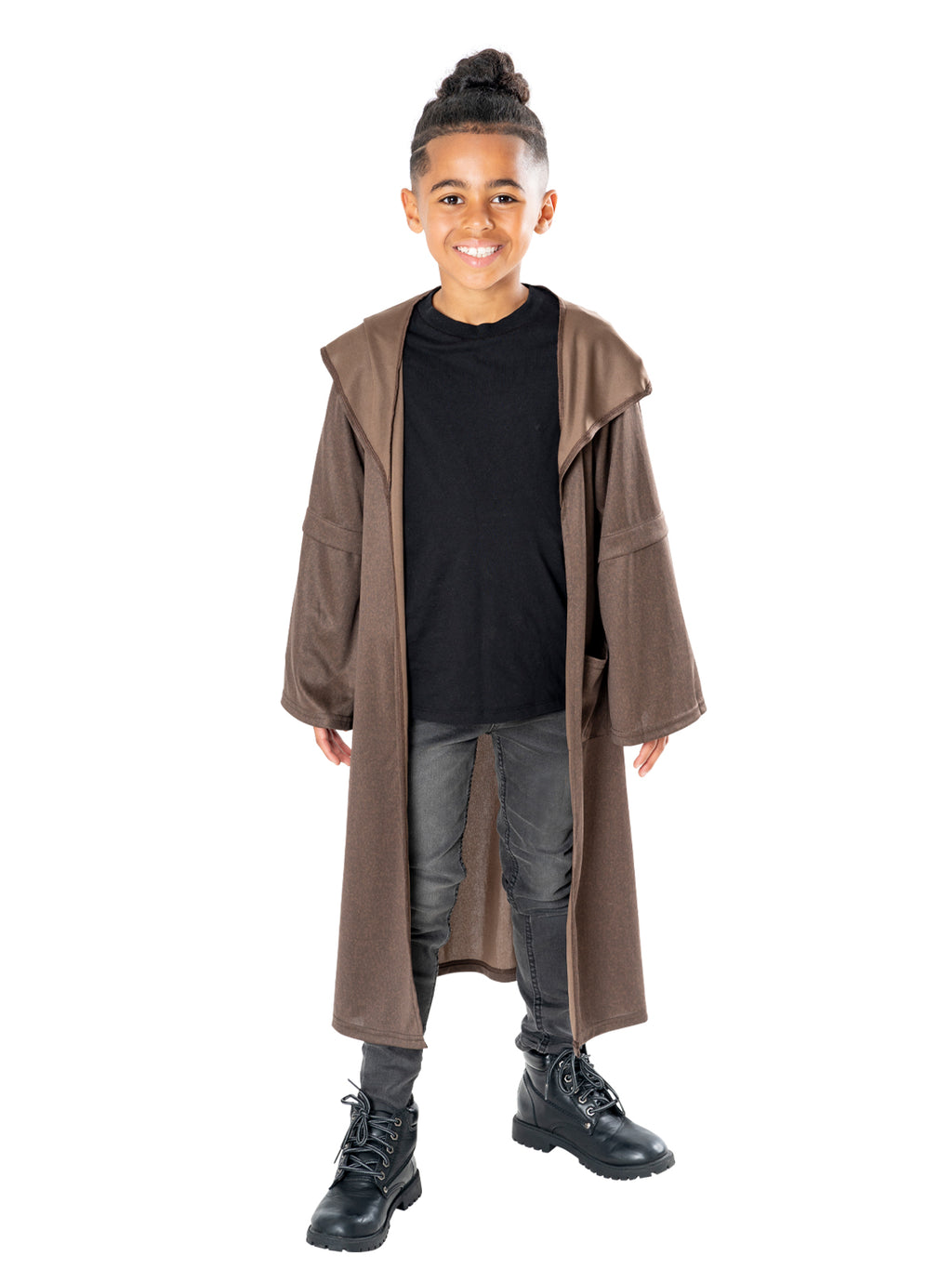 Child wearing a long brown hooded Obi Wan Kenobi robe