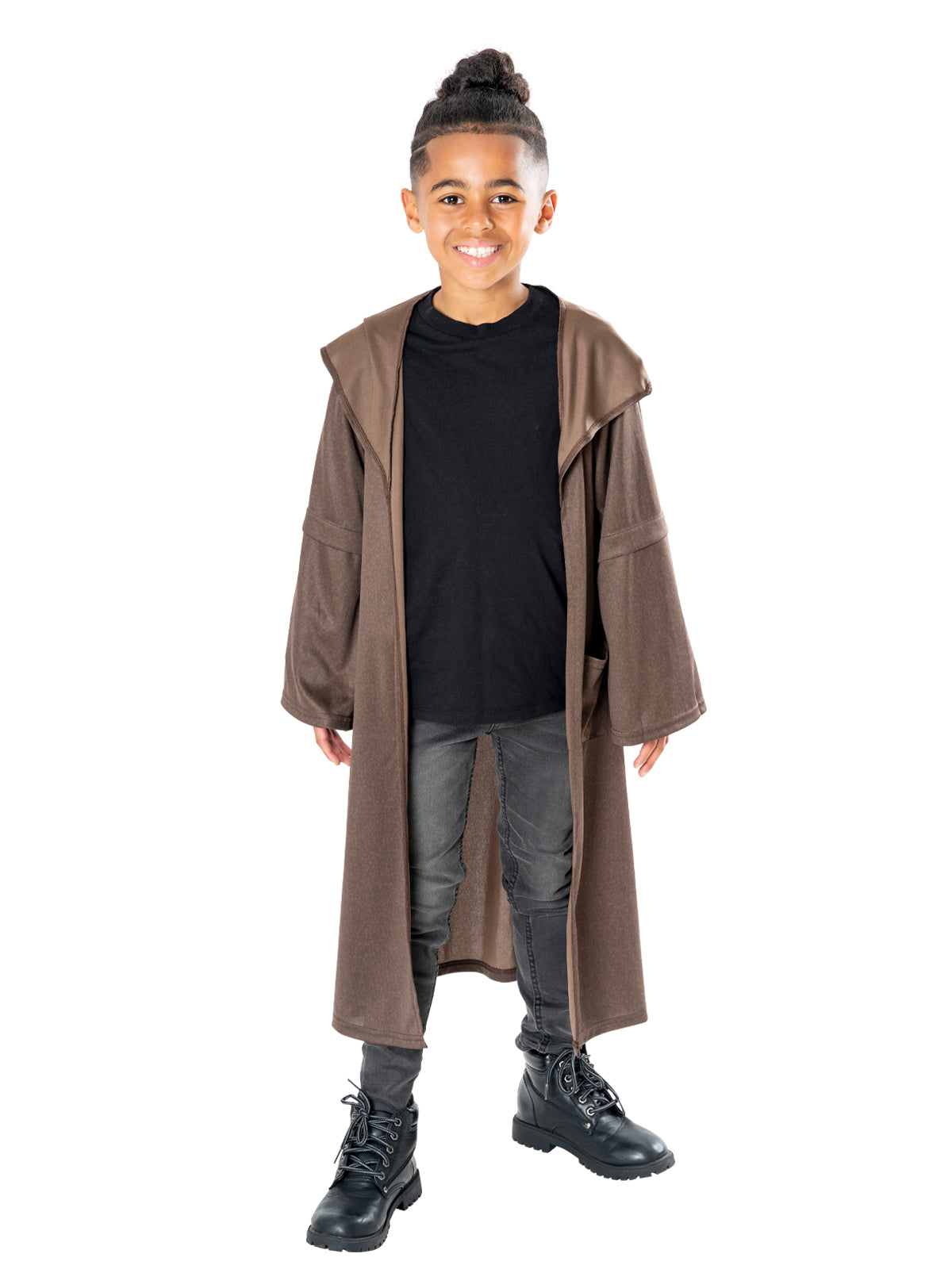 Child wearing a long brown hooded Obi Wan Kenobi robe