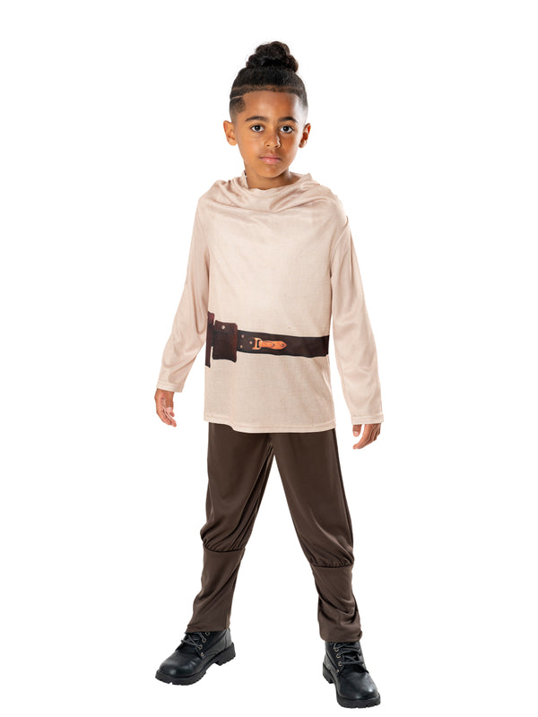Boy in the Star Wars Obi-Wan Kenobi Classic costume with a cream tunic, printed belt and brown pants