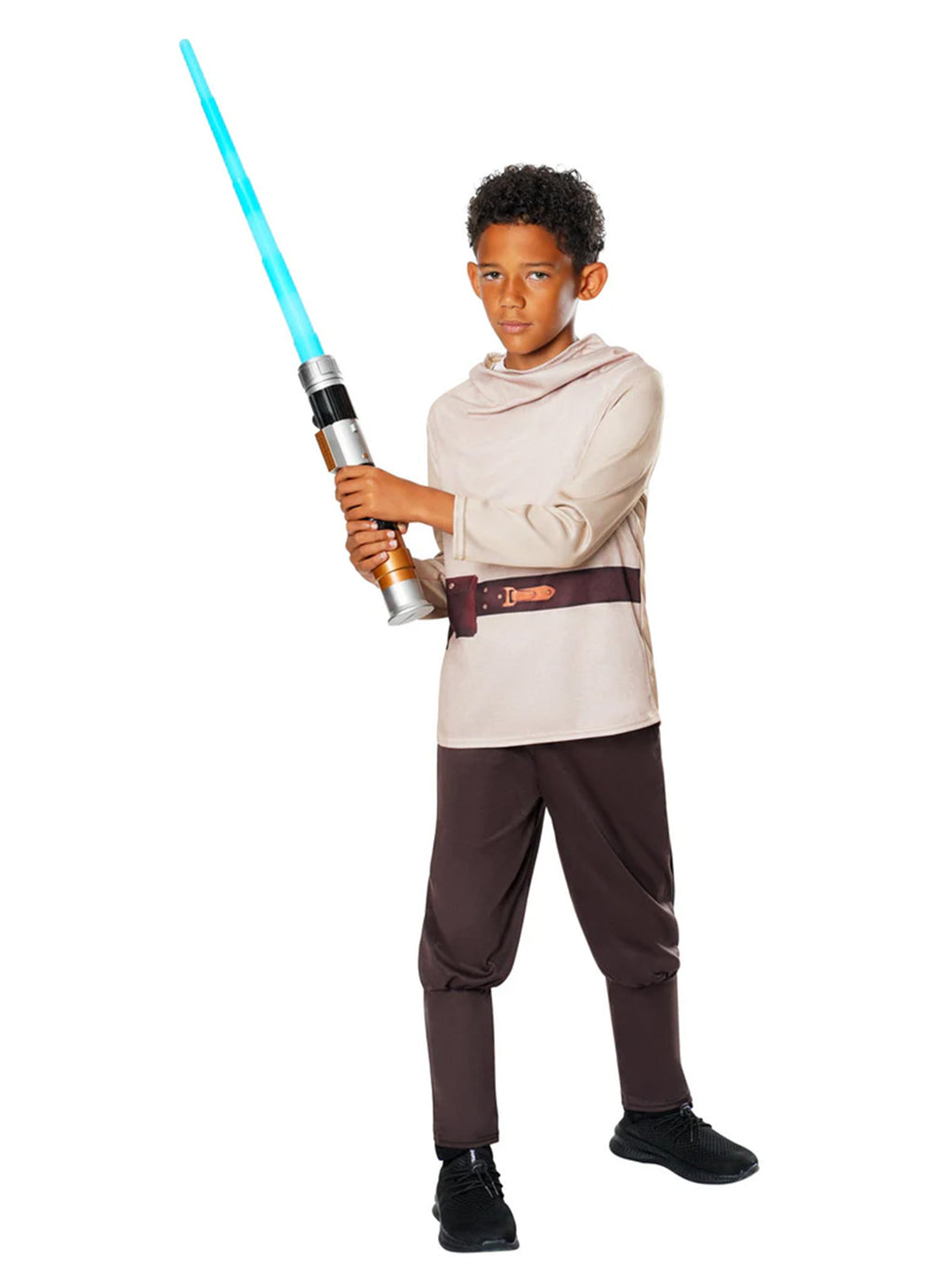 Boy holding up the flip-out toy lightsaber in the Obi-Wan Kenobi tunic and brown pants