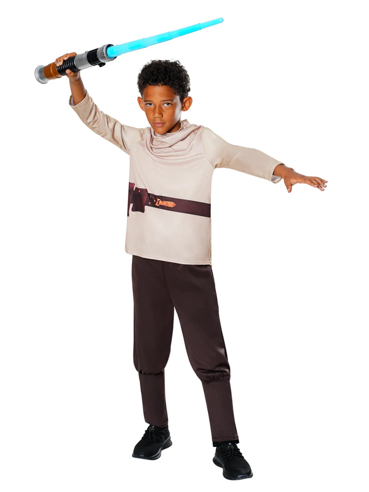 Boy swinging the toy lightsaber overhead in the cream Obi-Wan Kenobi tunic and brown pants