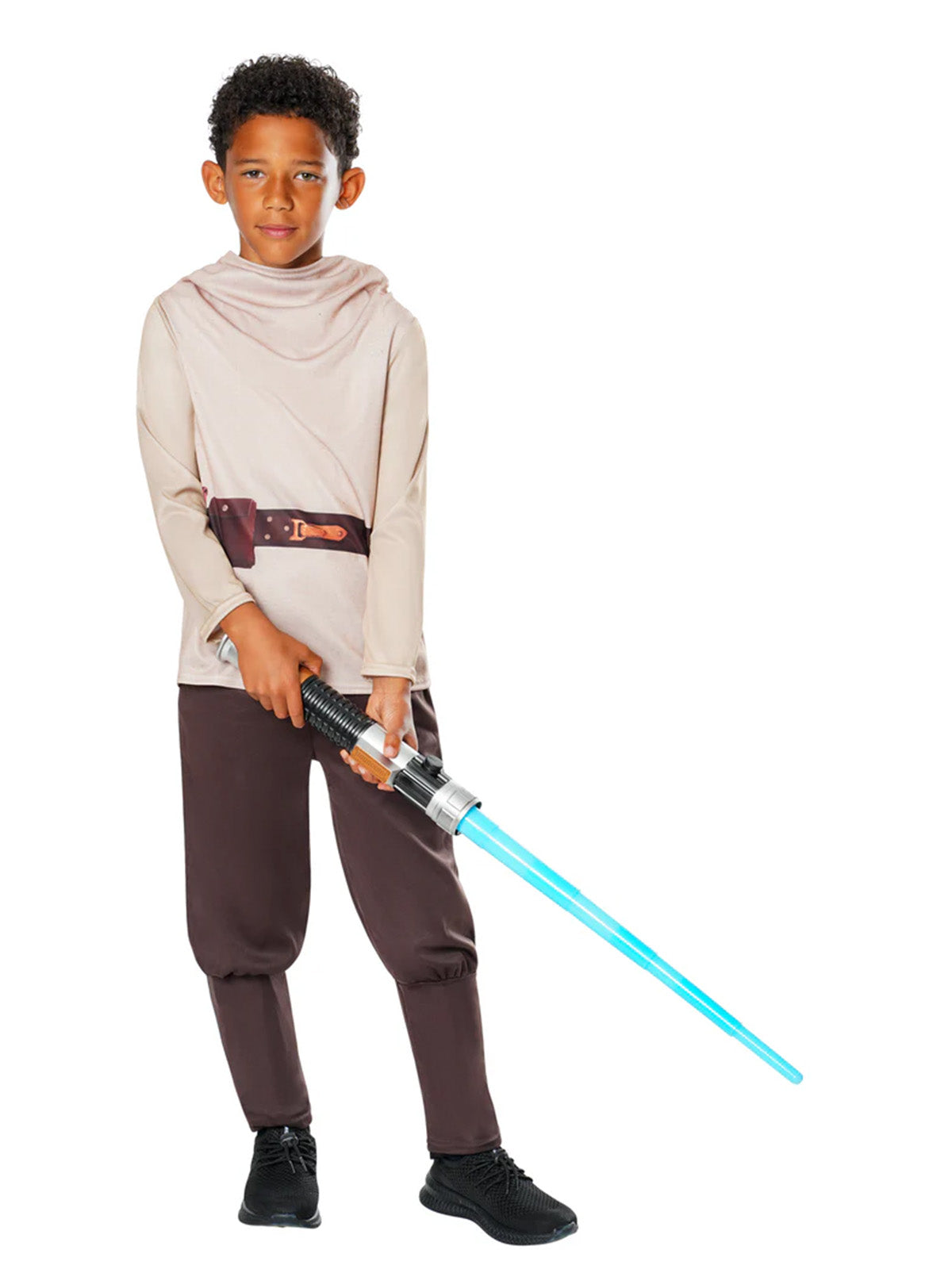 Boy in the Obi-Wan Kenobi cowl-neck tunic holding the extended blue toy lightsaber low