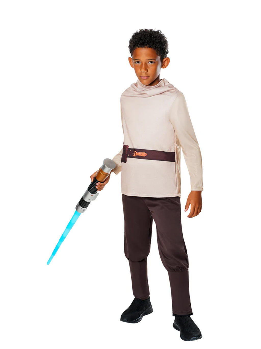 Boy standing in the Obi-Wan Kenobi costume with the toy lightsaber at his side