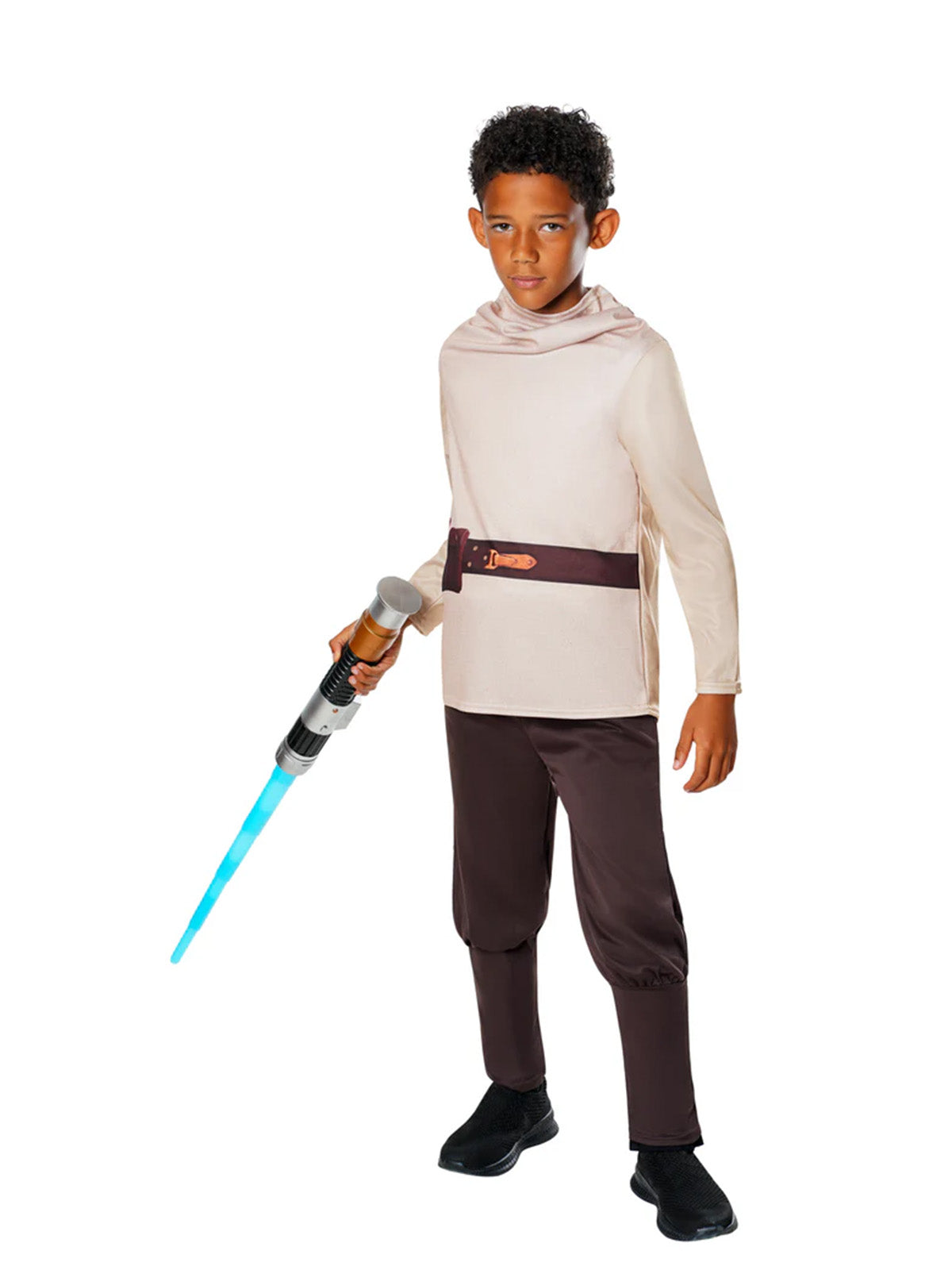 Boy standing in the Obi-Wan Kenobi costume with the toy lightsaber at his side