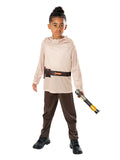 Boy in the Star Wars Obi-Wan Kenobi costume with a cream tunic, printed belt, brown pants and toy lightsaber