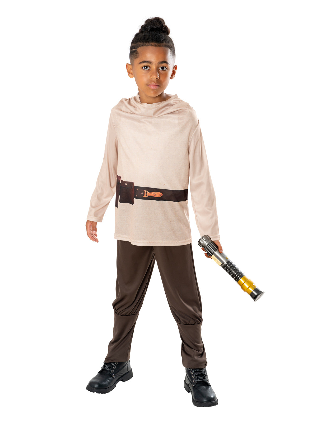 Boy in the Star Wars Obi-Wan Kenobi costume with a cream tunic, printed belt, brown pants and toy lightsaber